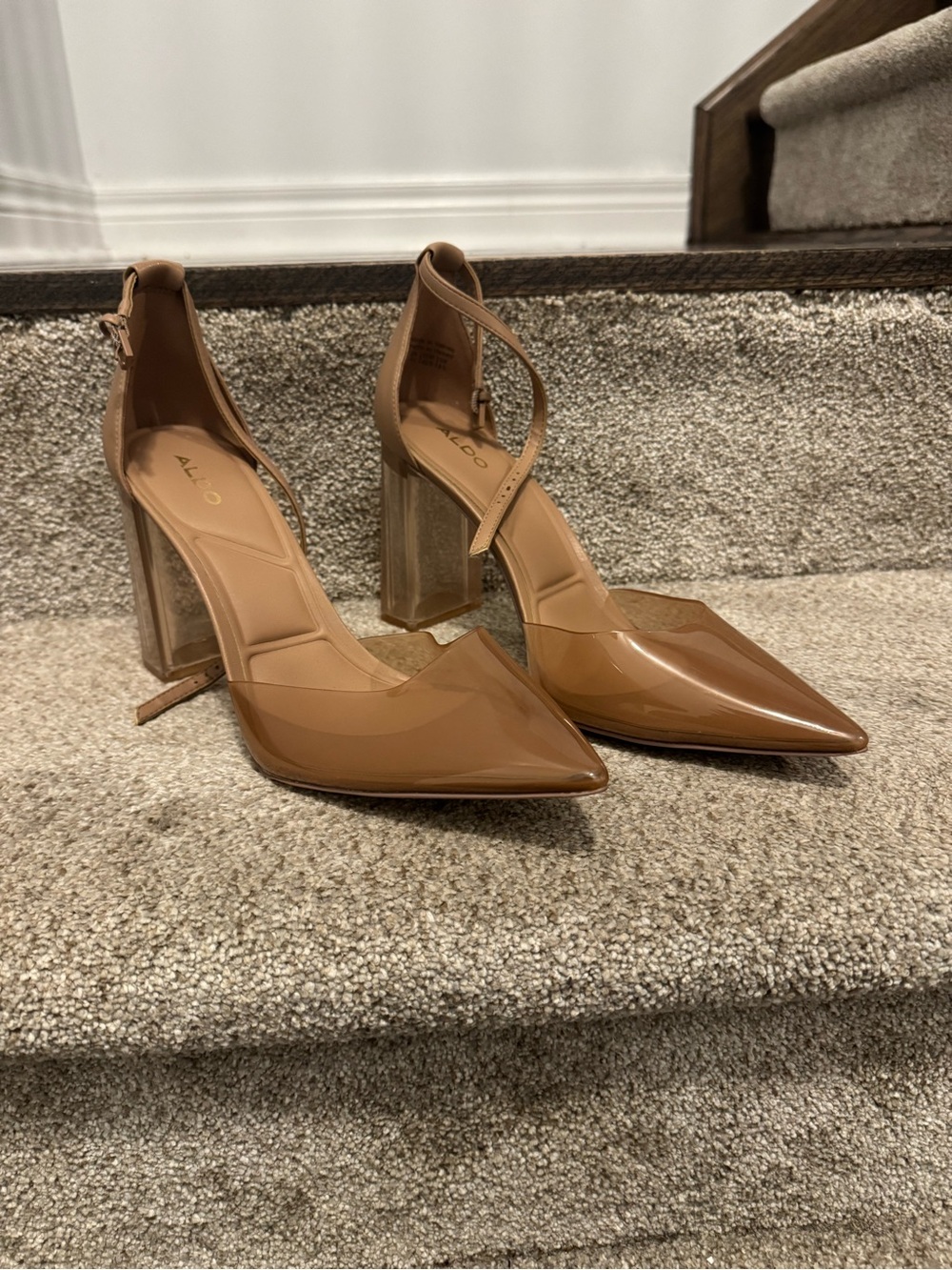 ALDO Cognac Patent Pointed Block Heel Pumps with Ankle Strap